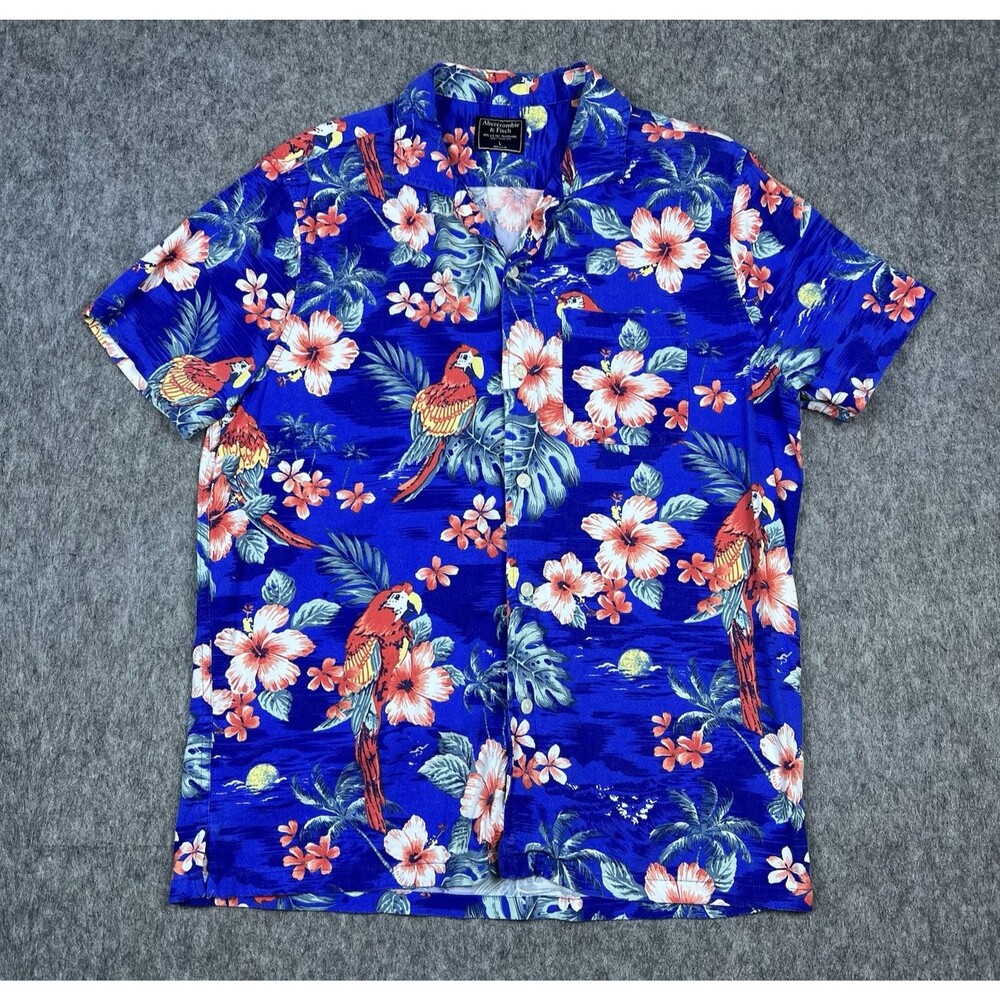 Abercrombie & Fitch Men's Hawaiian Button Down Shirt Blue Floral Parrot Size L
